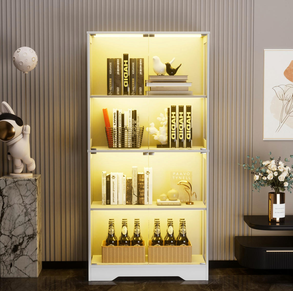 VITRINE 80/35/165 cm aus MDF und Glas mit LED-Beleuchtung und Bewegungssensor Weiß - Weiß, Holzwerkstoff (80/165/35cm) - Modenvie