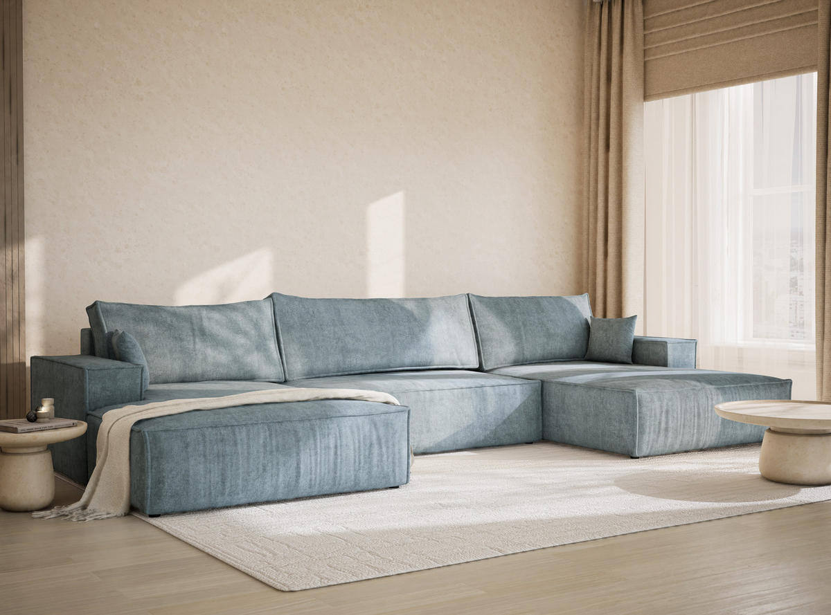 WOHNLANDSCHAFT Kyoto Hellblau Webstoff - Schwarz/Hellblau, Holz/Holzwerkstoff (398/70/148cm) - Maison de Reve