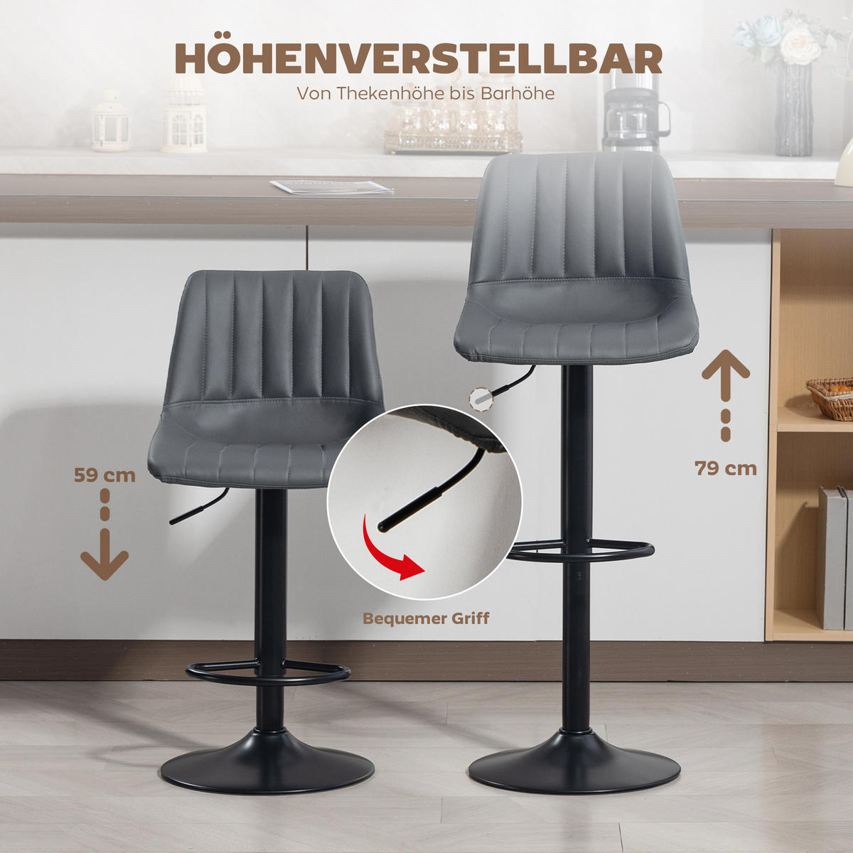 BARHOCKER 2er-Set 91-111 cm Höhenverstellbarer mit Fußring - Dunkelgrau/Schwarz, Kunststoff/Textil (49.5/111/43cm) - HOMCOM