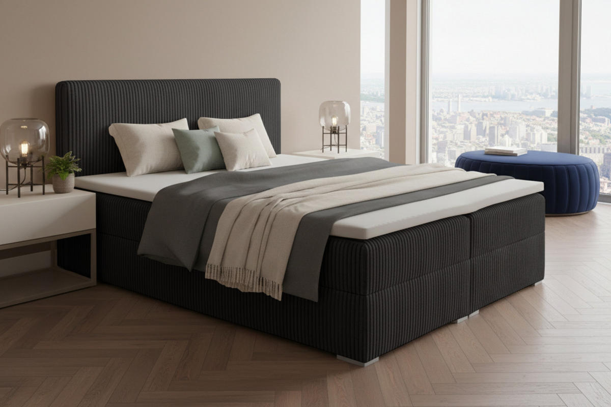 BOXBETT LON IV 140/200 in Cord Schwarz H3 - Schwarz, Holz/Holzwerkstoff (140/200cm) - Deine Möbel 24