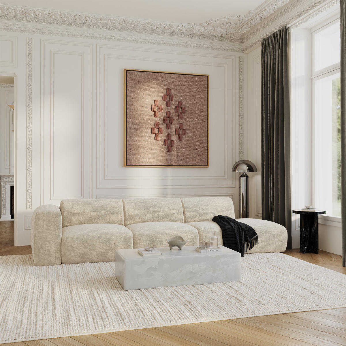 SOFA 5-Sitzer Gemusterter Samt Creme 310cm - Creme, Textil (310/73/96cm) - Sia Home