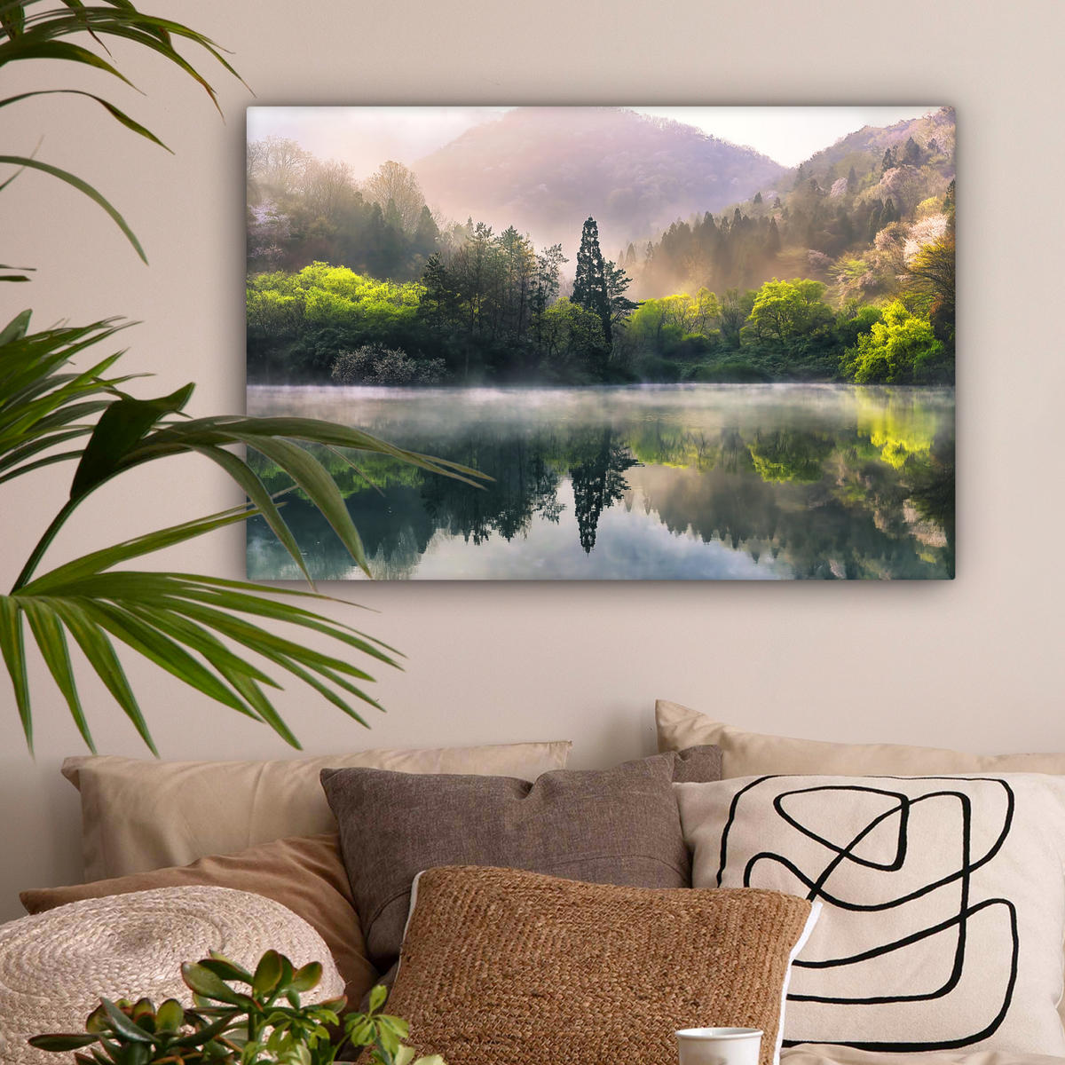 LEINWANDBILD Natur - Bäume - Berge - See - Wasser Wanddeko 90x60 cm - Hellgrün, Textil (90/60cm) - MuchoWow