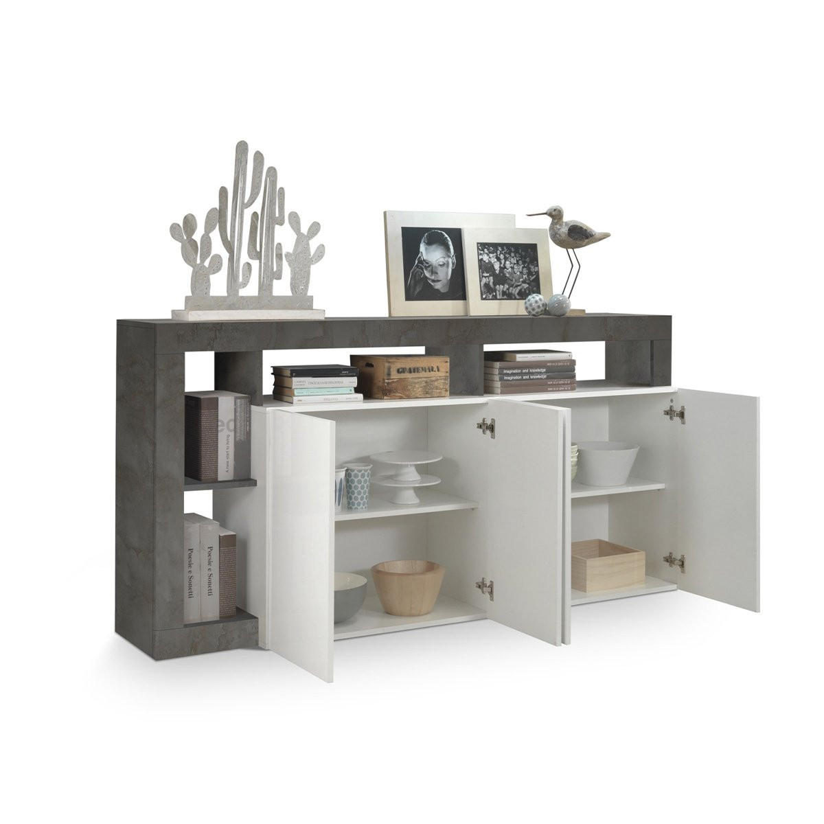 SIDEBOARD 4 Türen Frankfurt - L184 cm - Weiß/Grau, Holz/Holzwerkstoff (42/93/184cm) - Calicosy