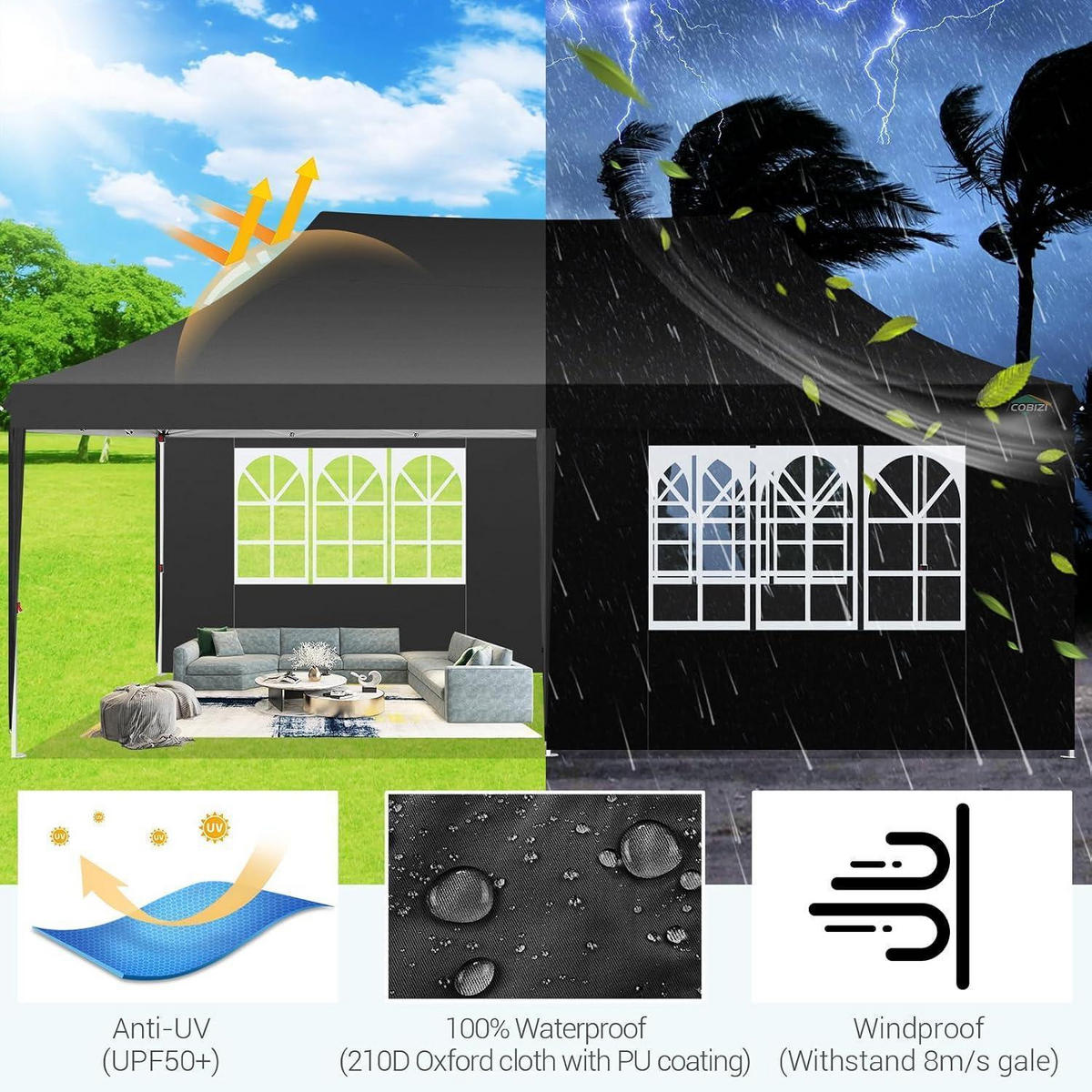 FALTPAVILLON 3x6m mit 6 Seitenwänden Schwarz - Schwarz, Textil (300/320/600cm)