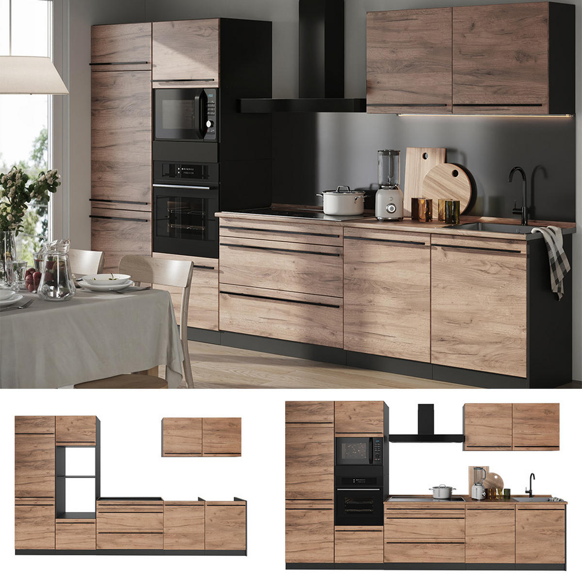 KÜCHENZEILE R-Line, Goldkraft Eiche/Anthrazit, 340 cm Arbeitsplatte Anthrazit - Honigeiche/Anthrazit, Holzwerkstoff (340/206.8/60cm) - Vicco
