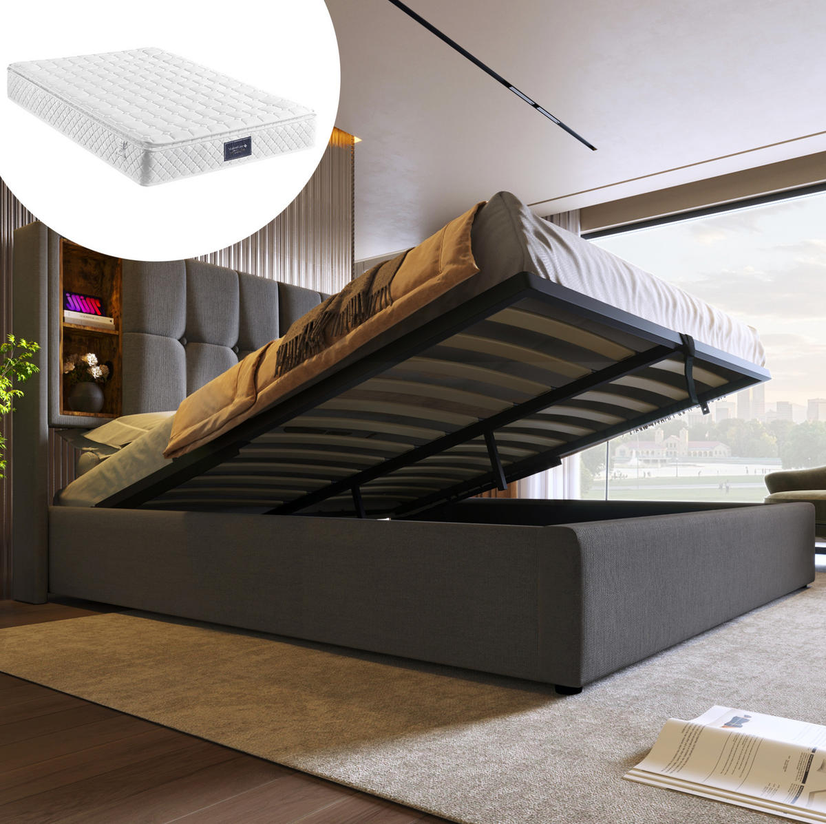 POLSTERBETT 160/200 cm Grau aus Baumwolle mit Stauraum, USB und kabellosem Laden - Grau, Textil (160/200cm) - OKMYHOME