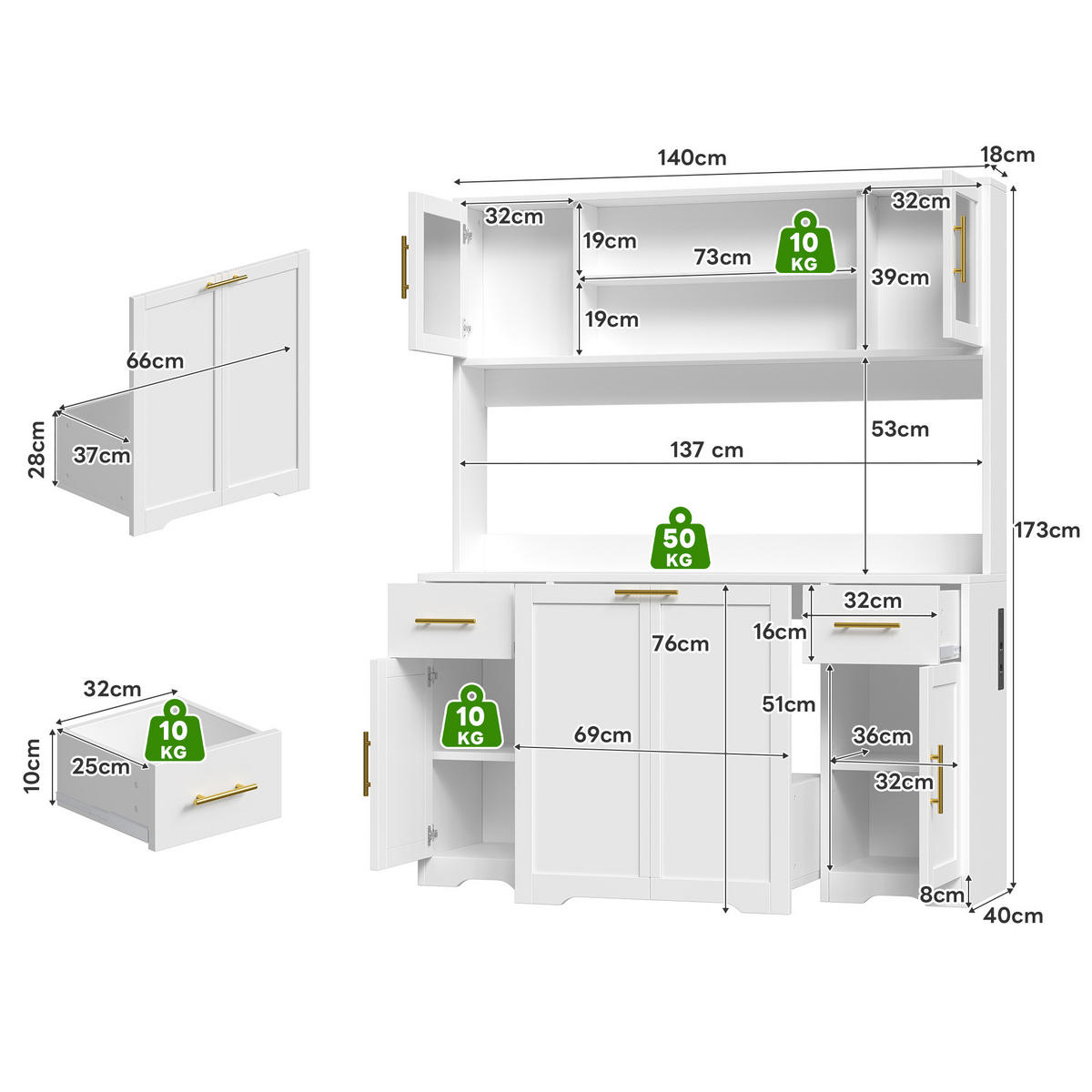 BUFFET DE-38725 140/40/173 cm LED-Beleuchtung und Müllschrank Weiß/Gold - Weiß, Holzwerkstoff (140/173/40cm) - ComfortXL