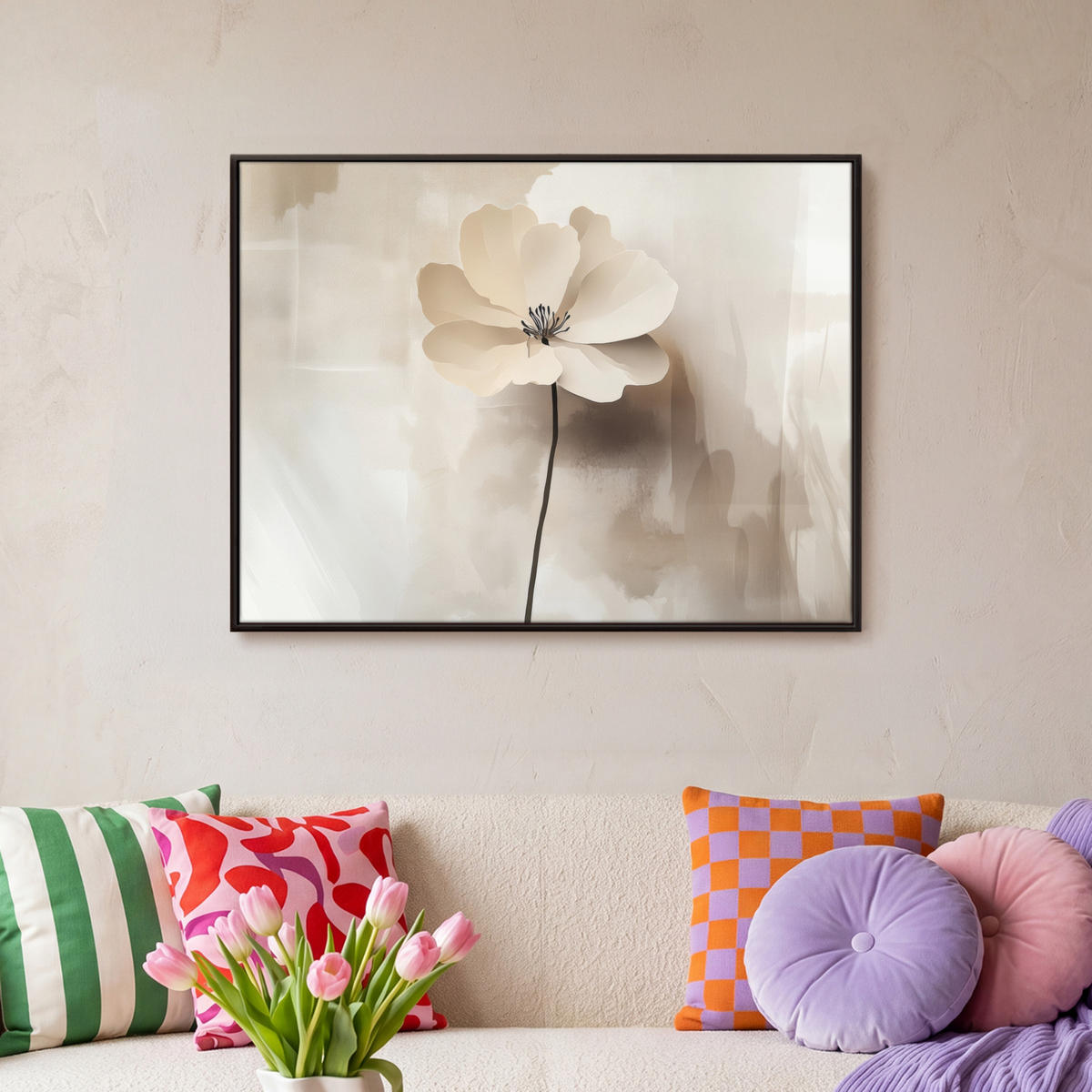 LEINWAND Bilder mit Rahmen - Blume - Beige - Farbe - Schatten - 70x50 - Creme, Textil (70/50cm) - MuchoWow