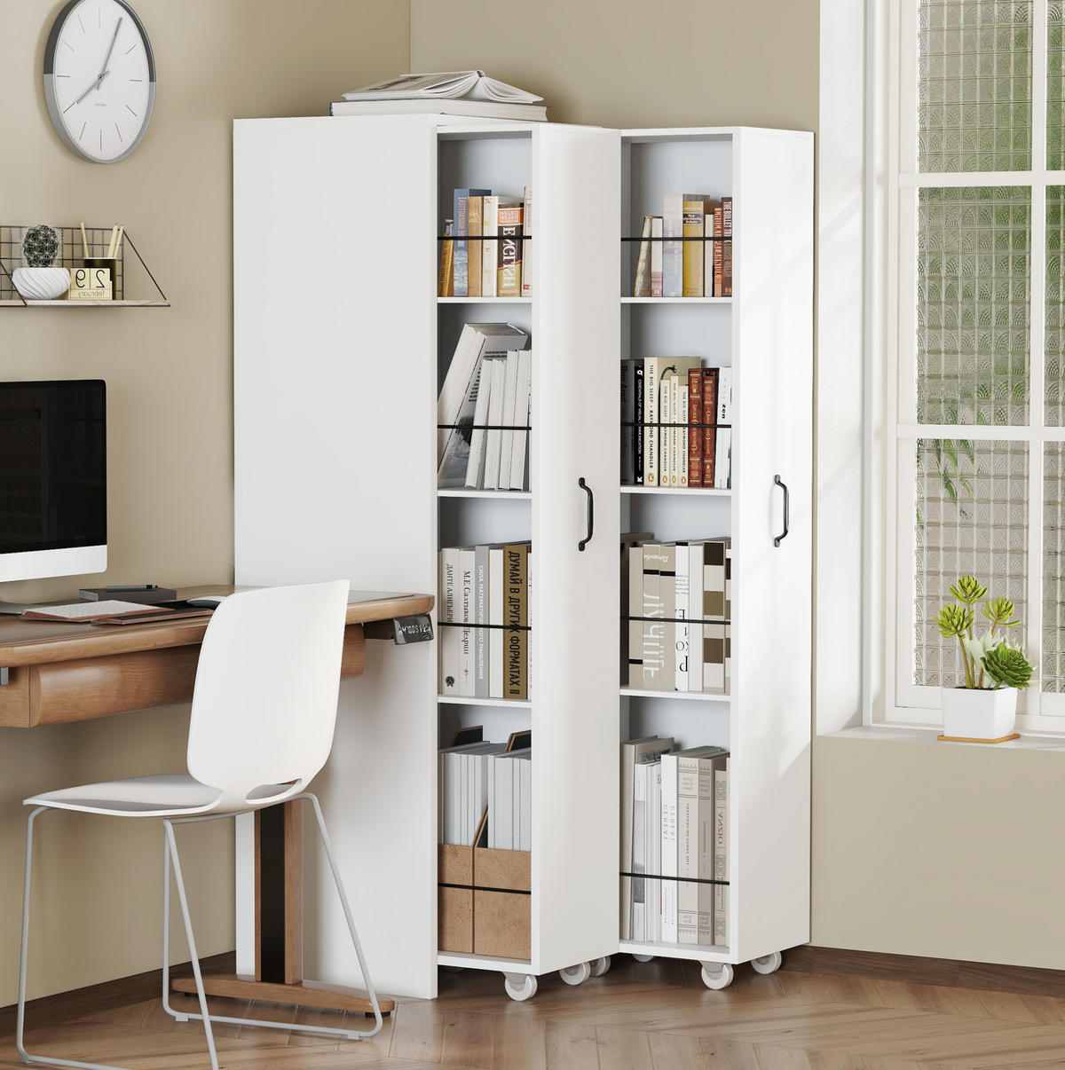 HIGHBOARD 51,5/41/158 cm in Weiß mit 8 offenen Fächern und Rollen - Weiß, Holzwerkstoff (51.5/158/41cm) - BEAOK