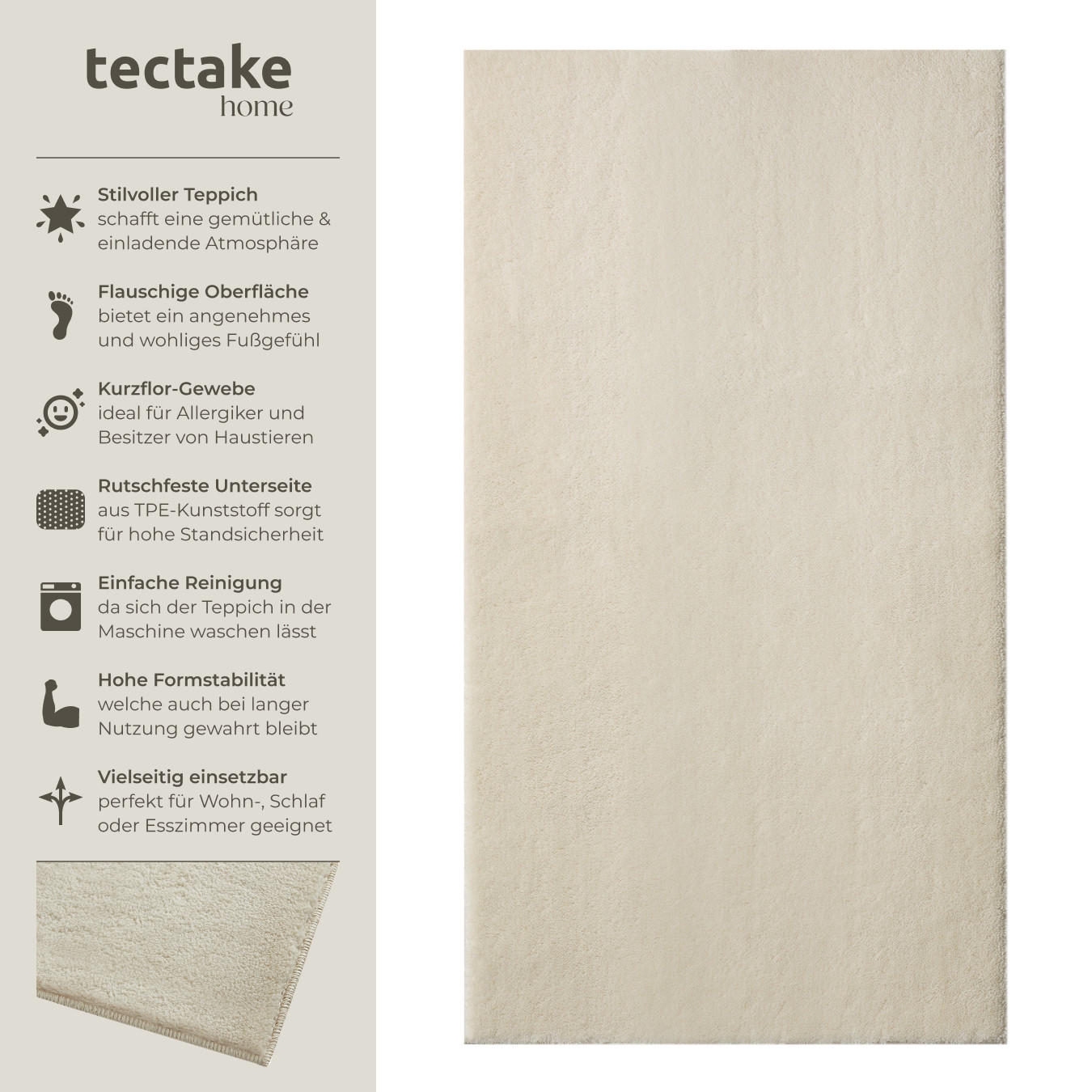 KURZFLORTEPPICH Soft Zone,rutschfeste Unterseite,beige - Beige, Textil (150/80cm) - tectake