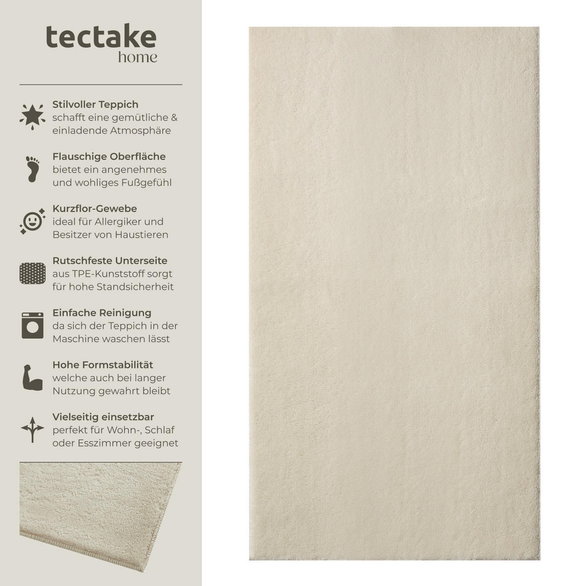 KURZFLORTEPPICH Soft Zone,rutschfeste Unterseite,beige - Beige, Textil (150/80cm) - tectake