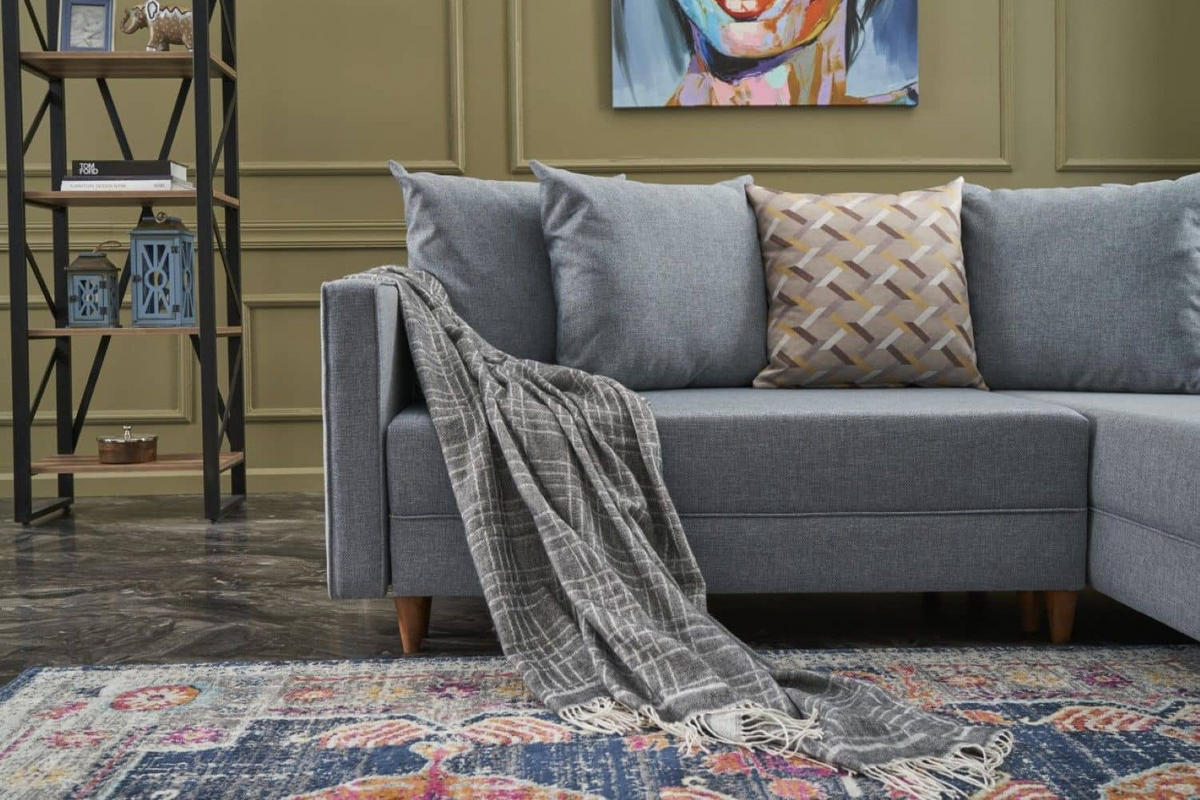 ECKSOFA mit Schlaffunktion, 215 cm Gesamtbreite - Blau/Braun, Holz/Buchenholz (150/215cm) - myHomelando