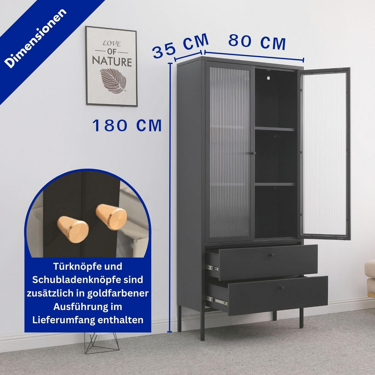 VITRINE PARIS Metall Schwarz mit Schubladen und Türen 80/35/180 cm - Schwarz, Metall (35/180/80cm) - Mein-Regal