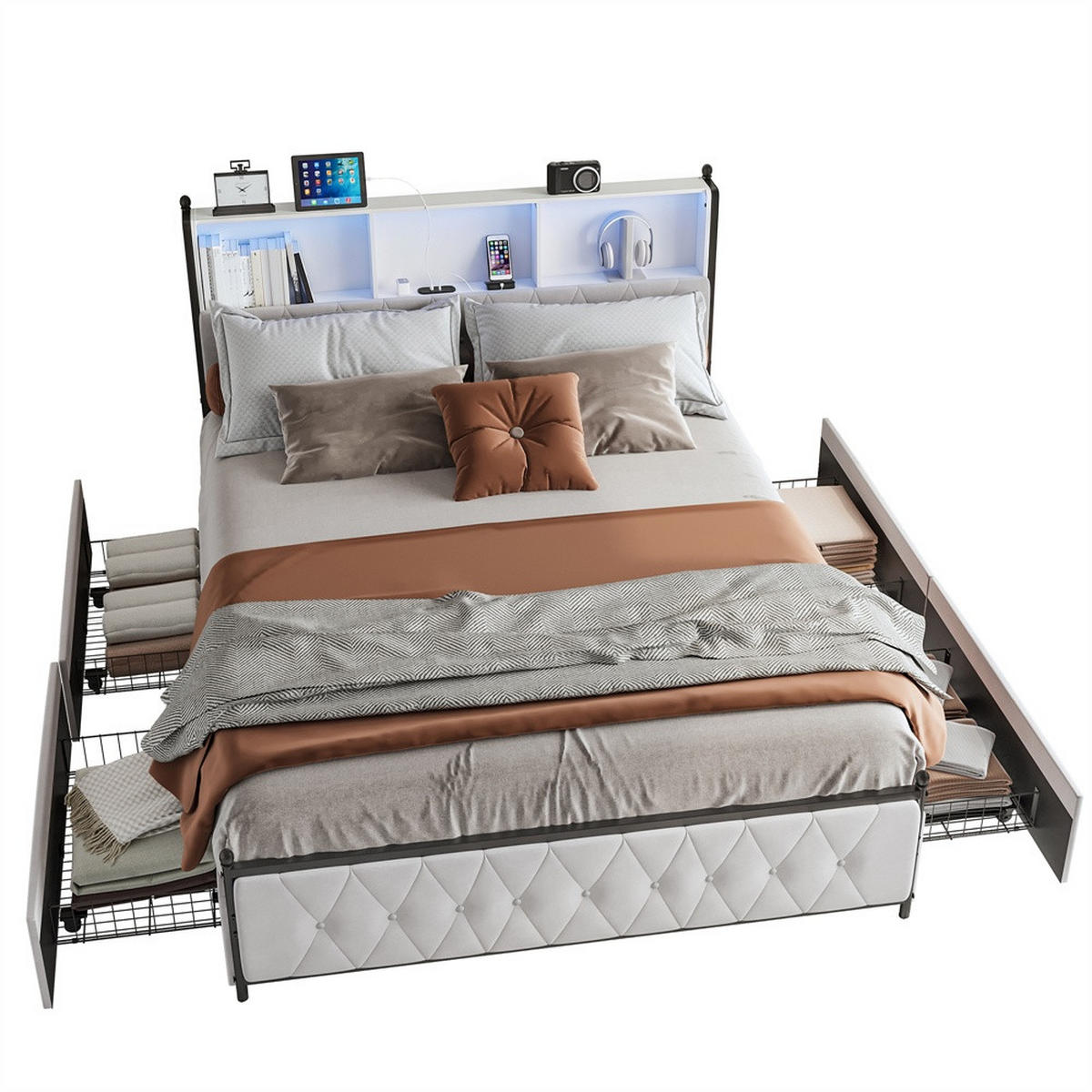 POLSTERBETT 160x200 cm mit 4 Schubladen - Kopfteil mit Stauraumfächern,USB&Type-C Ladestation und LED-Beleuchtung - Beige, Textil (160/200cm) - DELFA