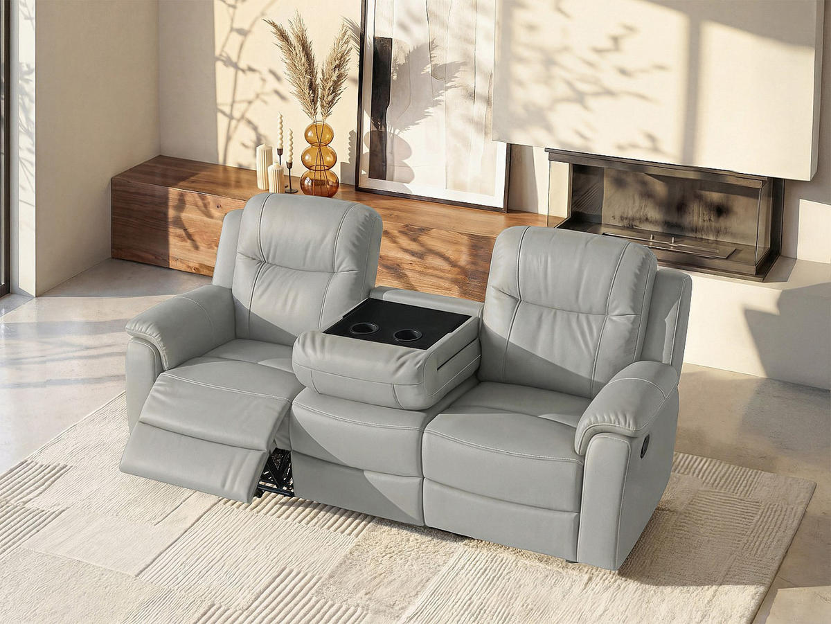 RELAXSOFA - 3 Personen - leder - hellgrau Evasion - Hellgrau, Leder (205/100/96cm) - Vente-Unique
