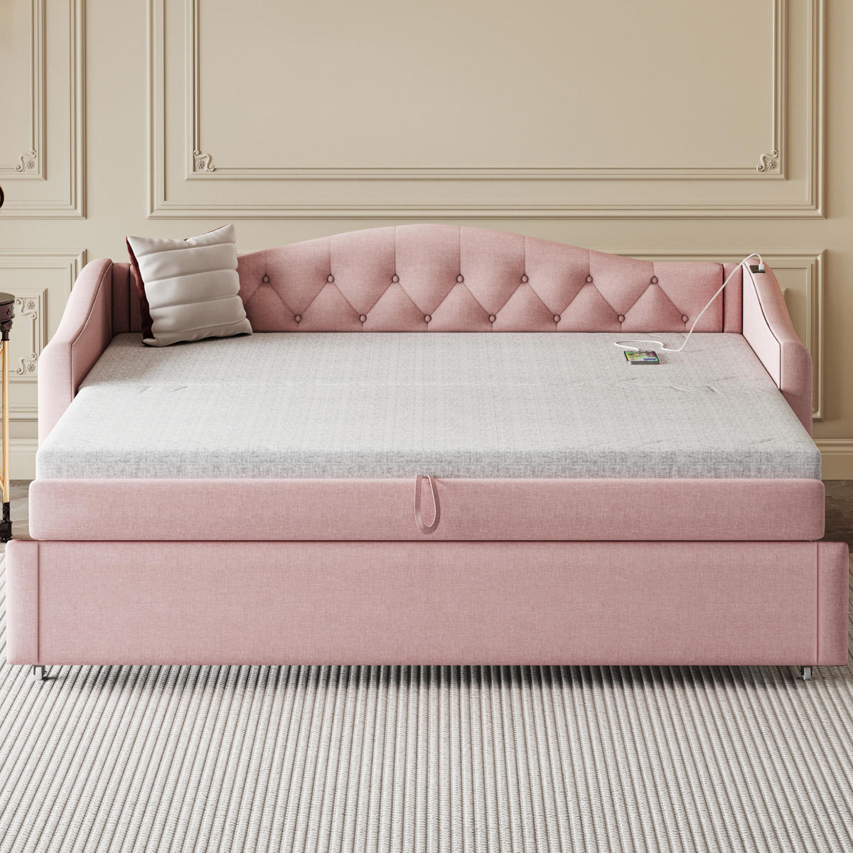 SCHLAFSOFA 90/200 cm in Rosa Leinen mit USB und Ausziehfunktion - Rosa, Holzwerkstoff/Textil (90/200cm) - WISHDOR