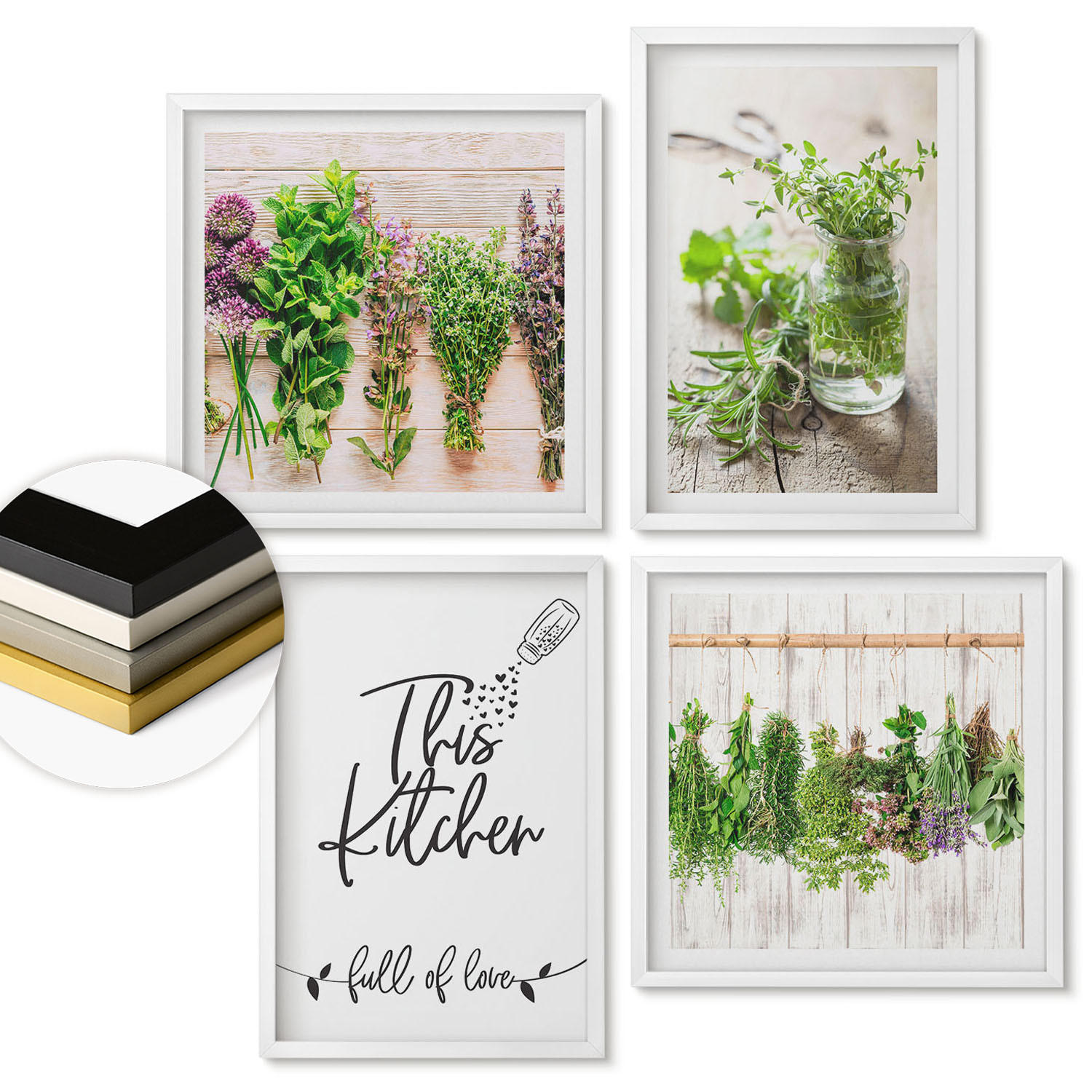 WANDBILDER 4er-Set - 50x50 cm & 40x60 cm Weißer Rahmen - Küchenthema: Getrocknete Kräuter - Weiß, Kunststoff (50/50cm) - ArtPrintCave