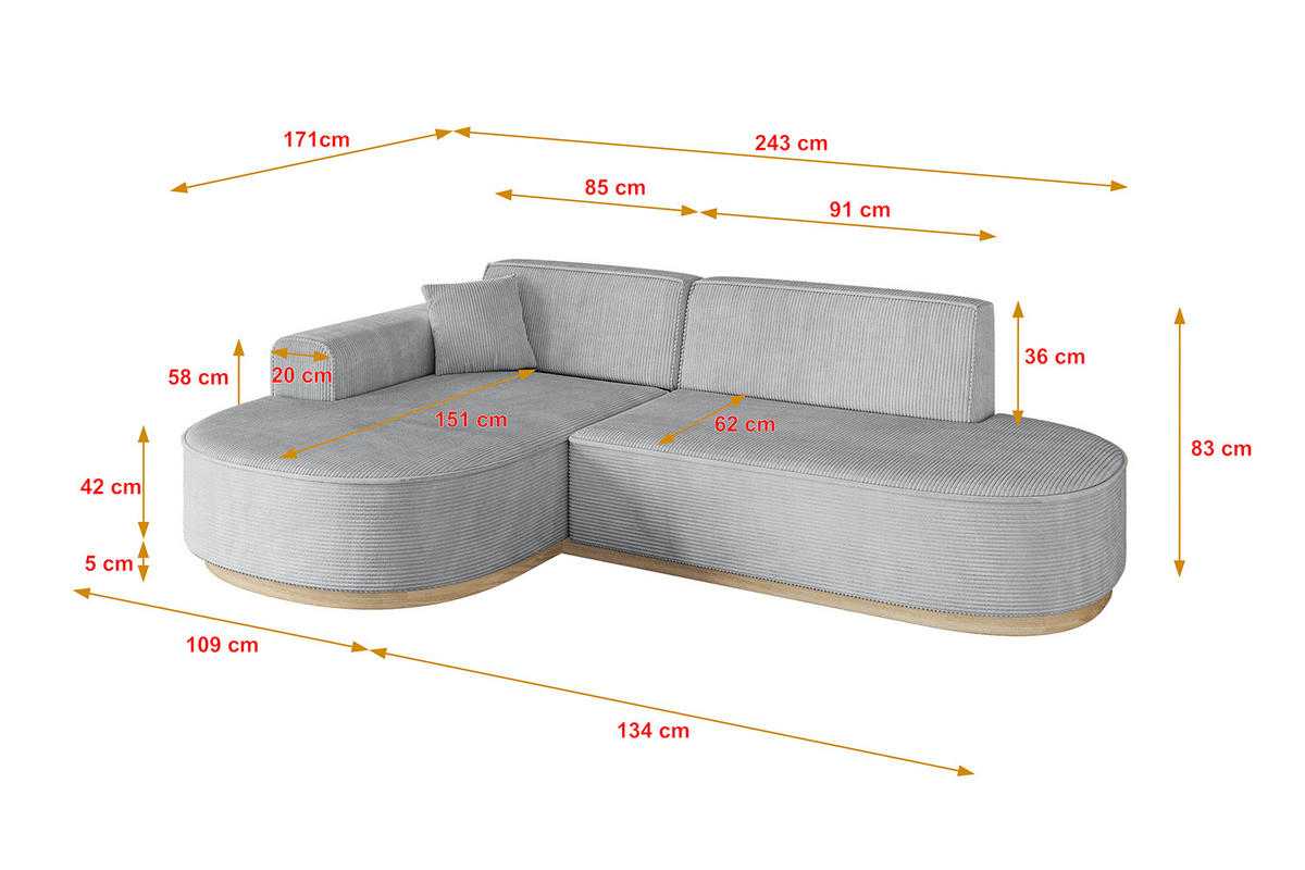 ECKSOFA Ottomane Links MARI-L1-v1 - 243x171x83 cm Grau Cord - Grau, Holzwerkstoff/Textil (243/171cm) - ALTDECOR