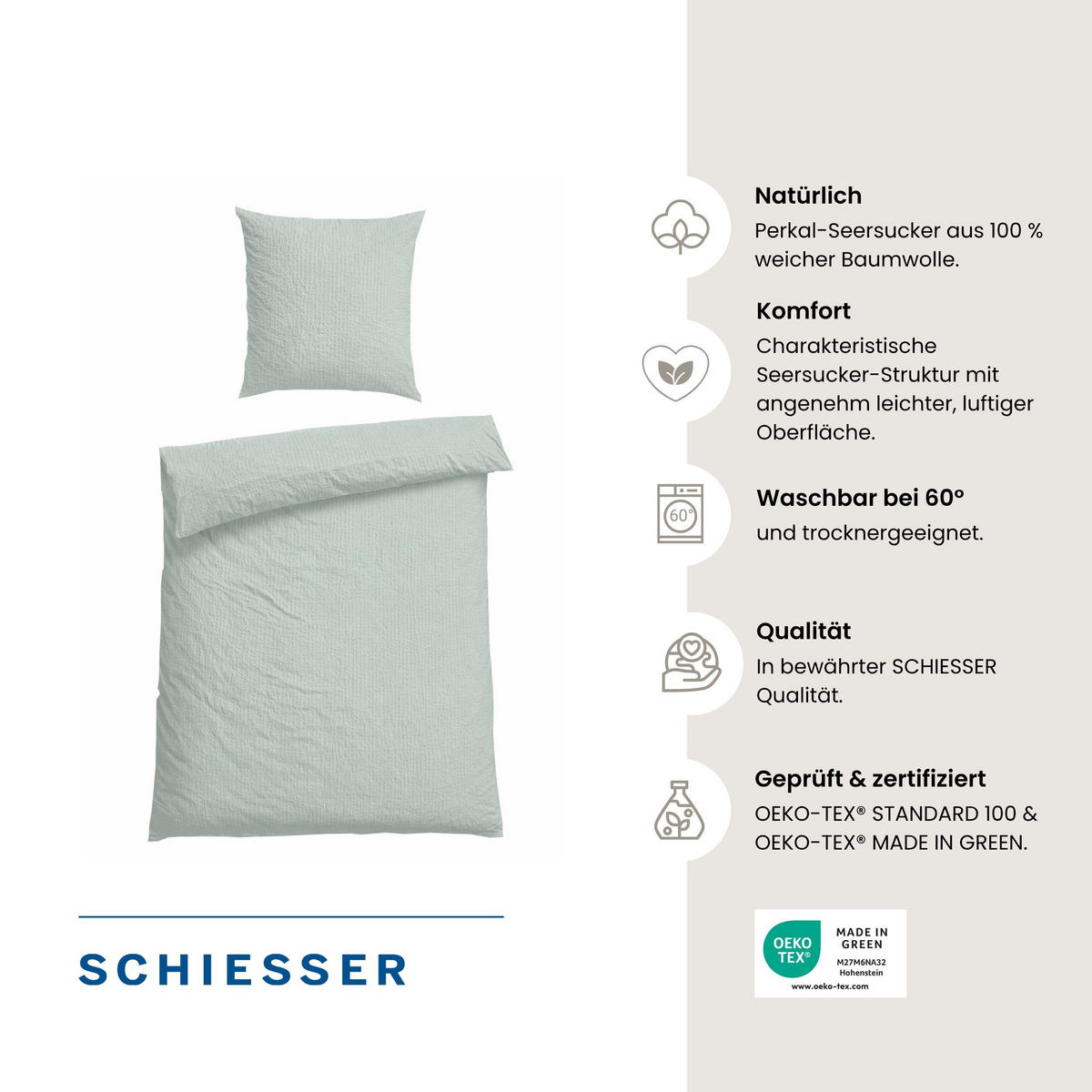 BETTWÄSCHESET Laura - Baumwoll Seersucker - 2-teilig - 135x200 cm - Hellpetrol - Hellblau, Textil (135/200cm) - SCHIESSER
