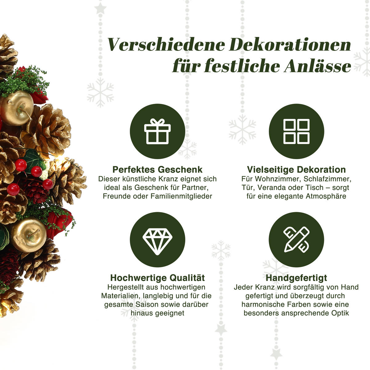 WEIHNACHTSKRANZ mit 15 LEDs, Timer, Zapfen & Blüten - Dunkelgrün, Naturmaterialien (34cm) - Hometopia