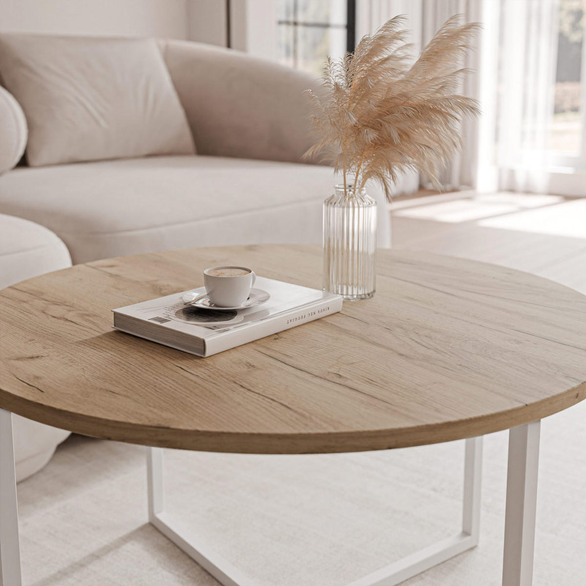 COUCHTISCH BESARO 75/47 cm runden, Weiß / Goldeiche - Eichefarben/Weiß, Metall (75/75/47cm) - Idohome