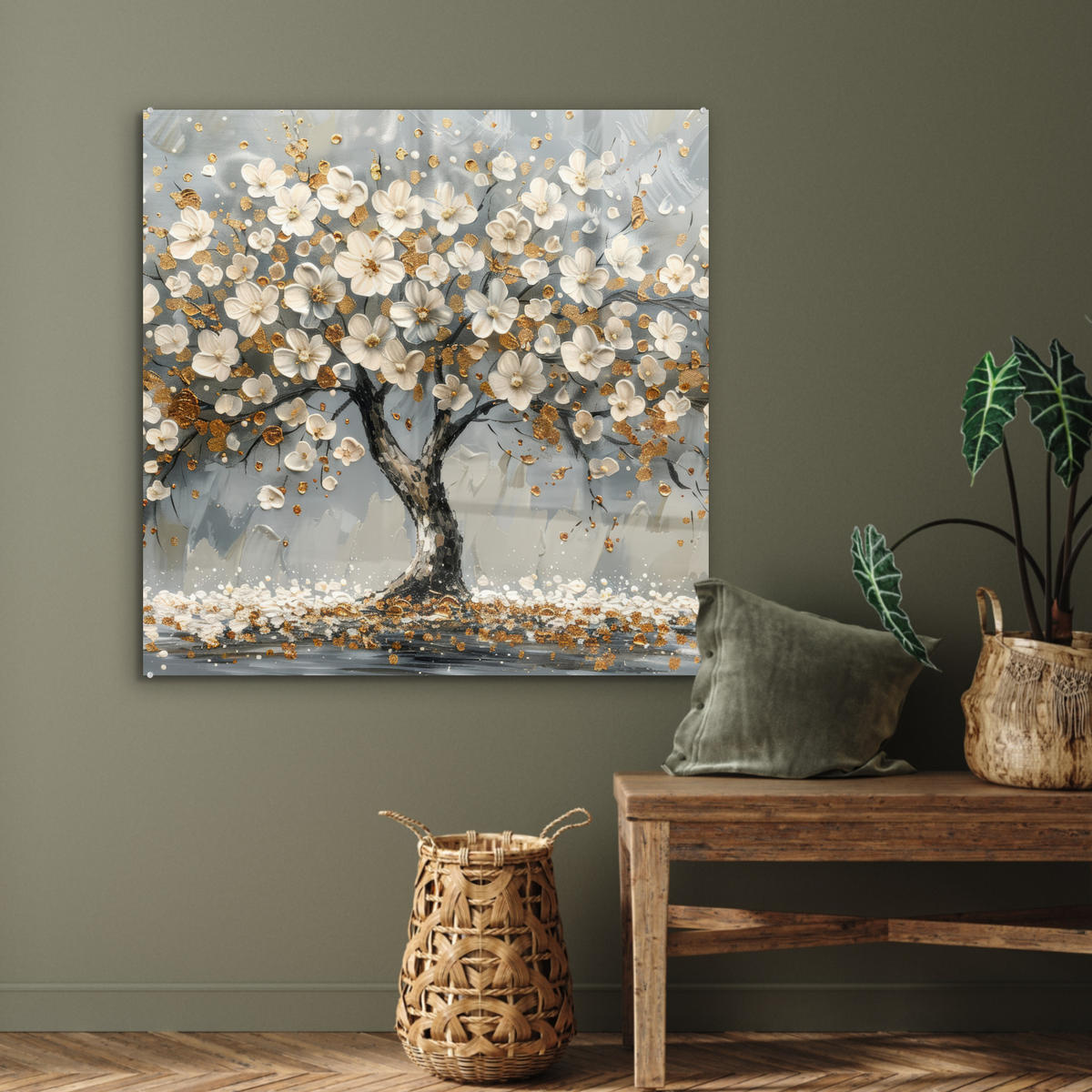 ACRYLGLASBILD Baum - Blumen - Weiß - Natur - Kunst 90x90 cm - Weiß, Glas (90/90cm) - MuchoWow