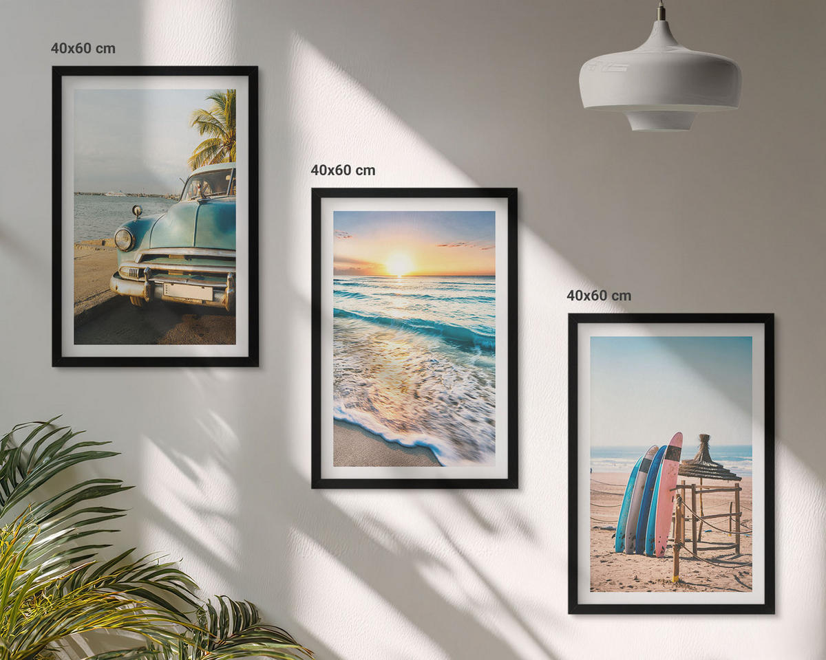 BILDER SET 3er Set - 40x60 cm Schwarzer Rahmen - Sonnenuntergangsurlaub in Miami - Schwarz, Kunststoff (40/60cm) - TULUP