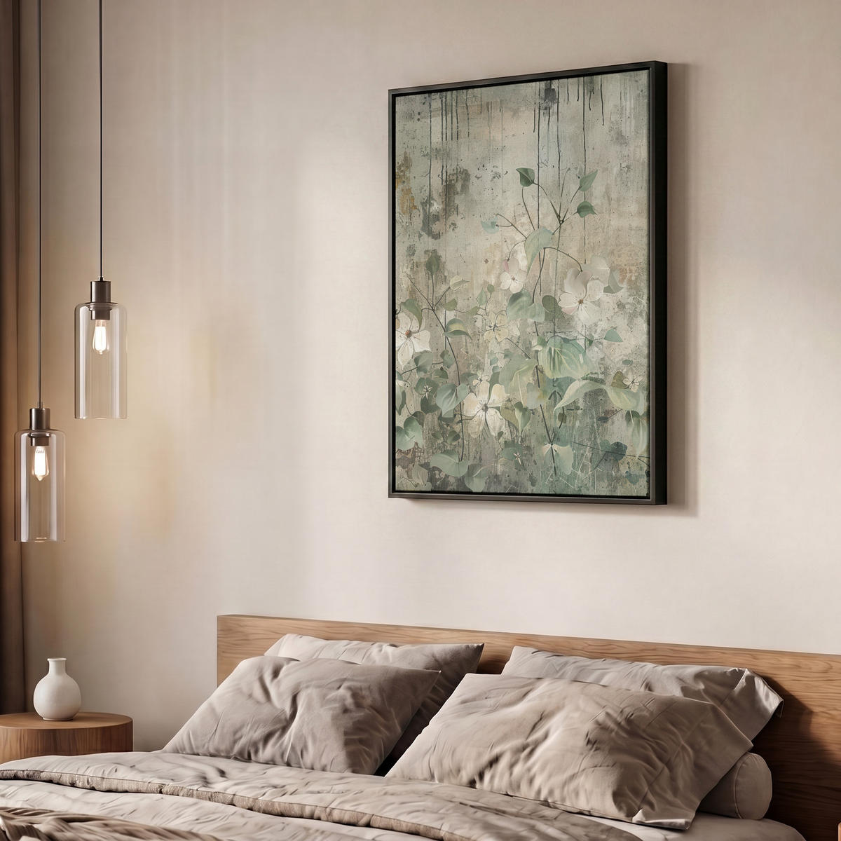 LEINWAND Bilder mit Rahmen - Blumen - Blätter - Abstrakt - Modern - 60x80 - Grau, Textil (60/80cm) - MuchoWow