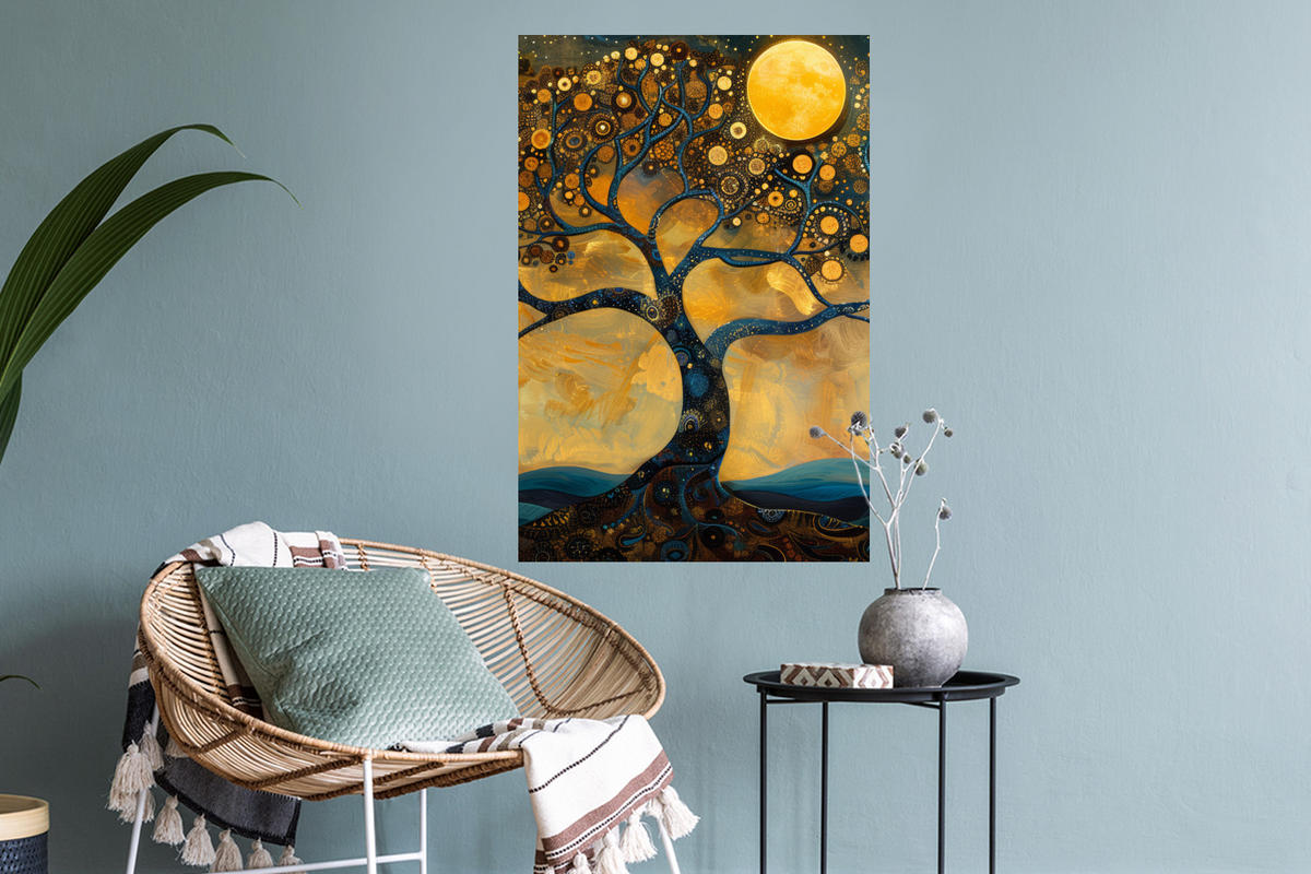 WANDTATTOO Baum - Mond - Blumen - Gold - Kunst 40x60 cm - Orange, Kunststoff (40/60/0.1cm) - MuchoWow