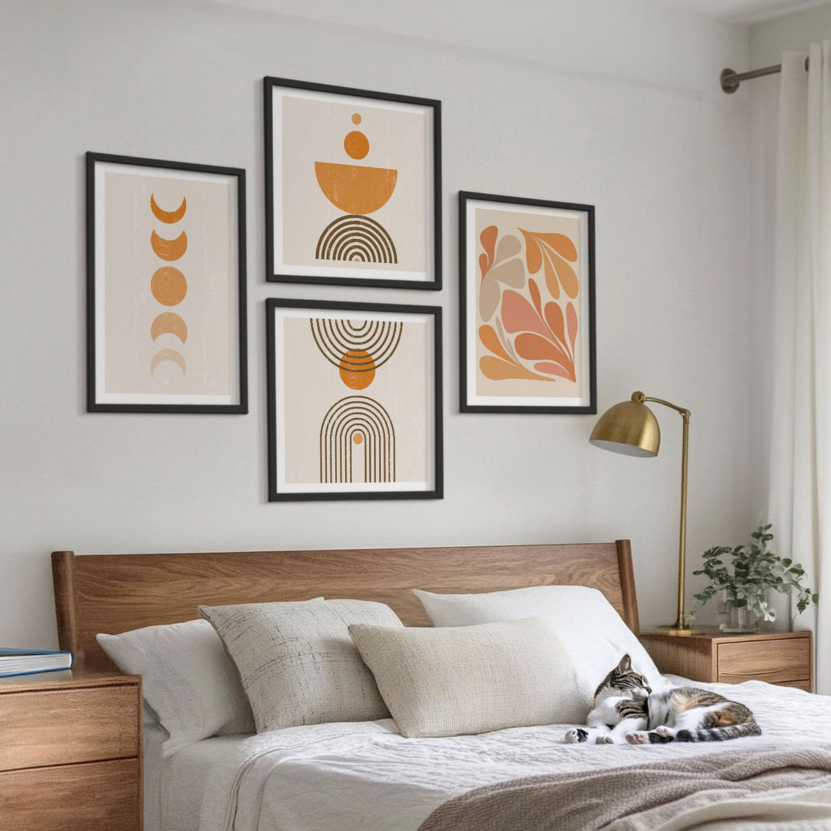BILDER SET 4er Set - 50x50 cm & 40x60 cm Schwarzer Rahmen - Abstrakte orange Formen - Schwarz, Kunststoff (50/50cm) - TULUP