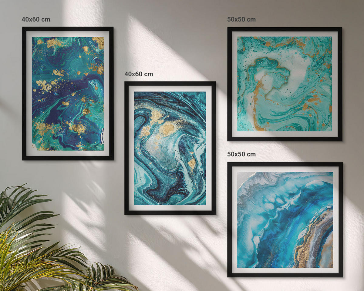 WANDBILDER 4er-Set - 50x50 cm & 40x60 cm Schwarzer Rahmen - Abstraktionen dekorativer Malerei - Schwarz, Kunststoff (50/50cm) - ArtPrintCave