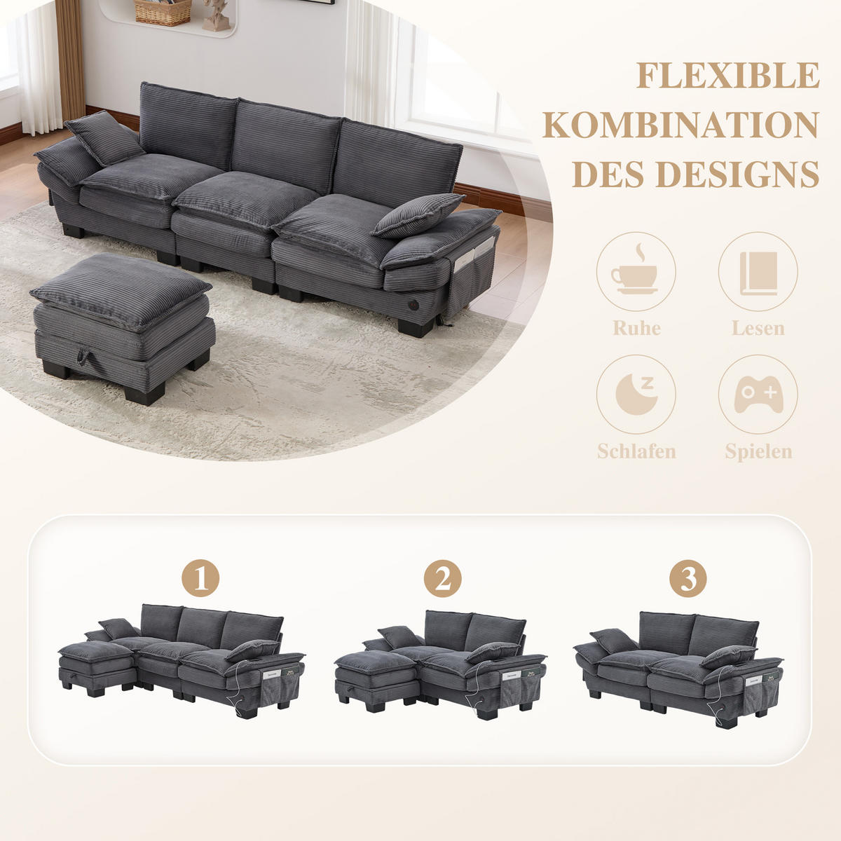3-SITZER SOFA Cord Dunkelgrau mit Hocker, USB-C und Seitentaschen - Dunkelgrau, Holzwerkstoff/Kunststoff (260/132cm) - WISHDOR