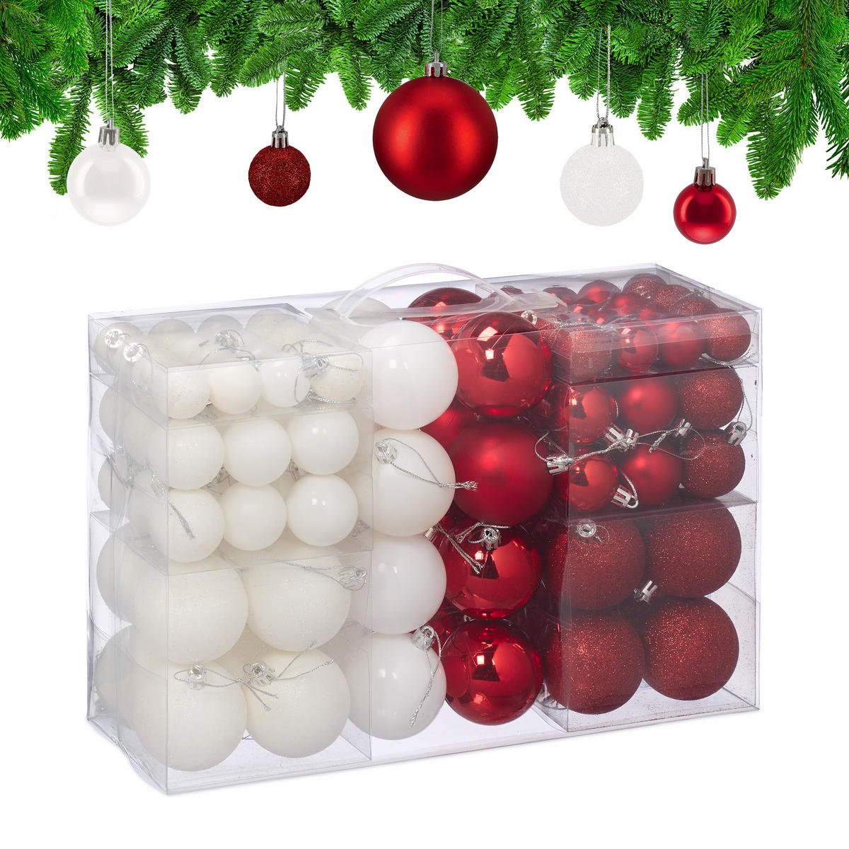 WEIHNACHTSKUGELN 100 Stk. - Rot/Weiß, Kunststoff (6/7/6cm) - Relaxdays