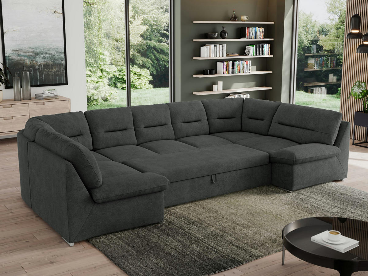 WOHNLANDSCHAFT MORBIDO U Dunkelgrau Struktur - Dunkelgrau/Silberfarben, Textil/Metall (340/93/206cm) - MKS