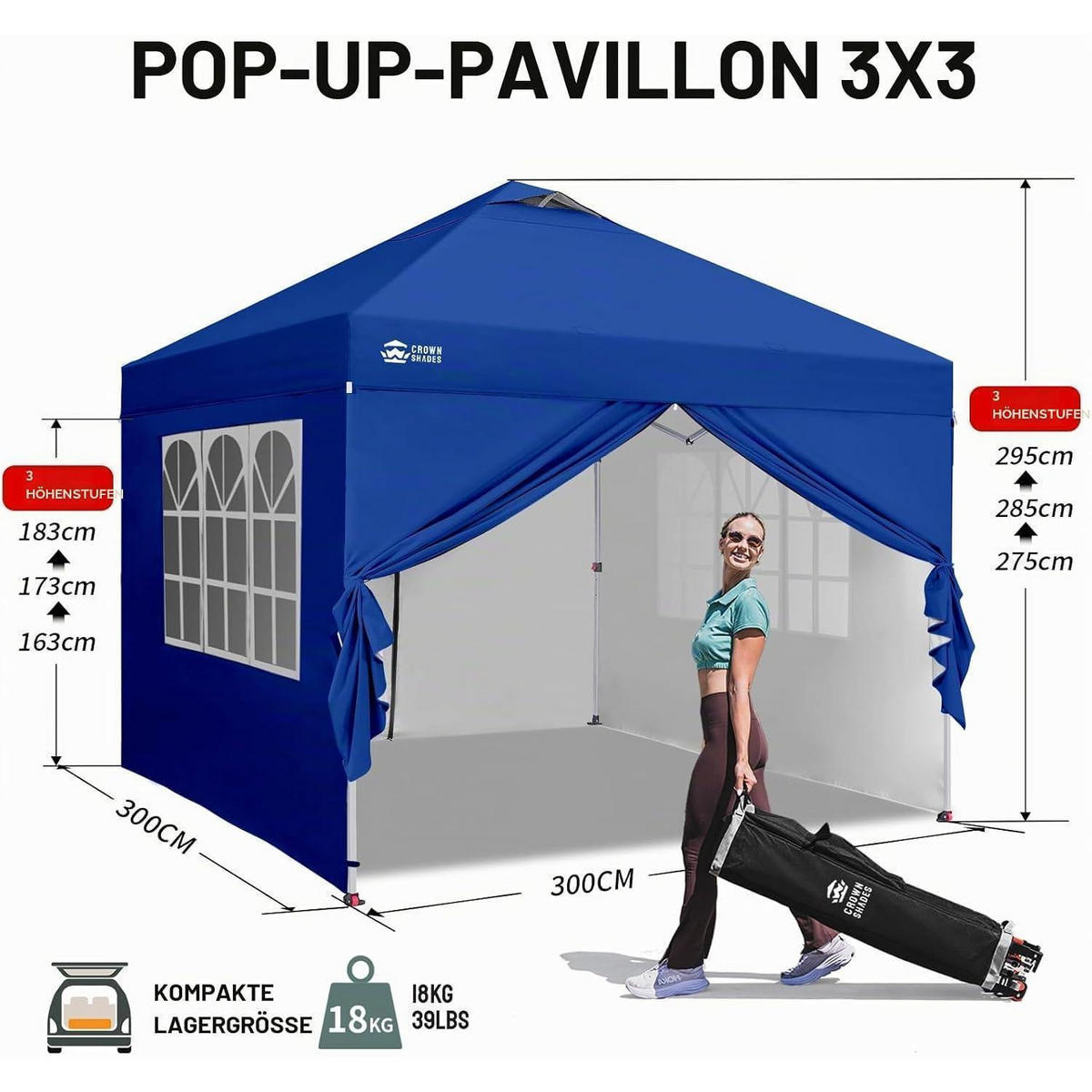 FALTPAVILLON 3 x 3 m wasserdicht mit 4 Seitenteilen Marineblau - Blau, Textil (300/280/300cm)