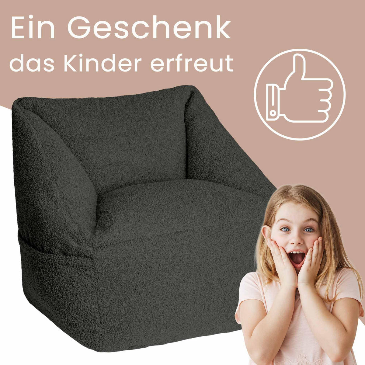 SITZSACK-SESSEL Bambino 55/60/55 cm, weicher Cord 380 g/m², mit Griff & Seitentasche, Dunkelgrau - Dunkelgrau, Textil (55/55/60cm) - Dreamroots