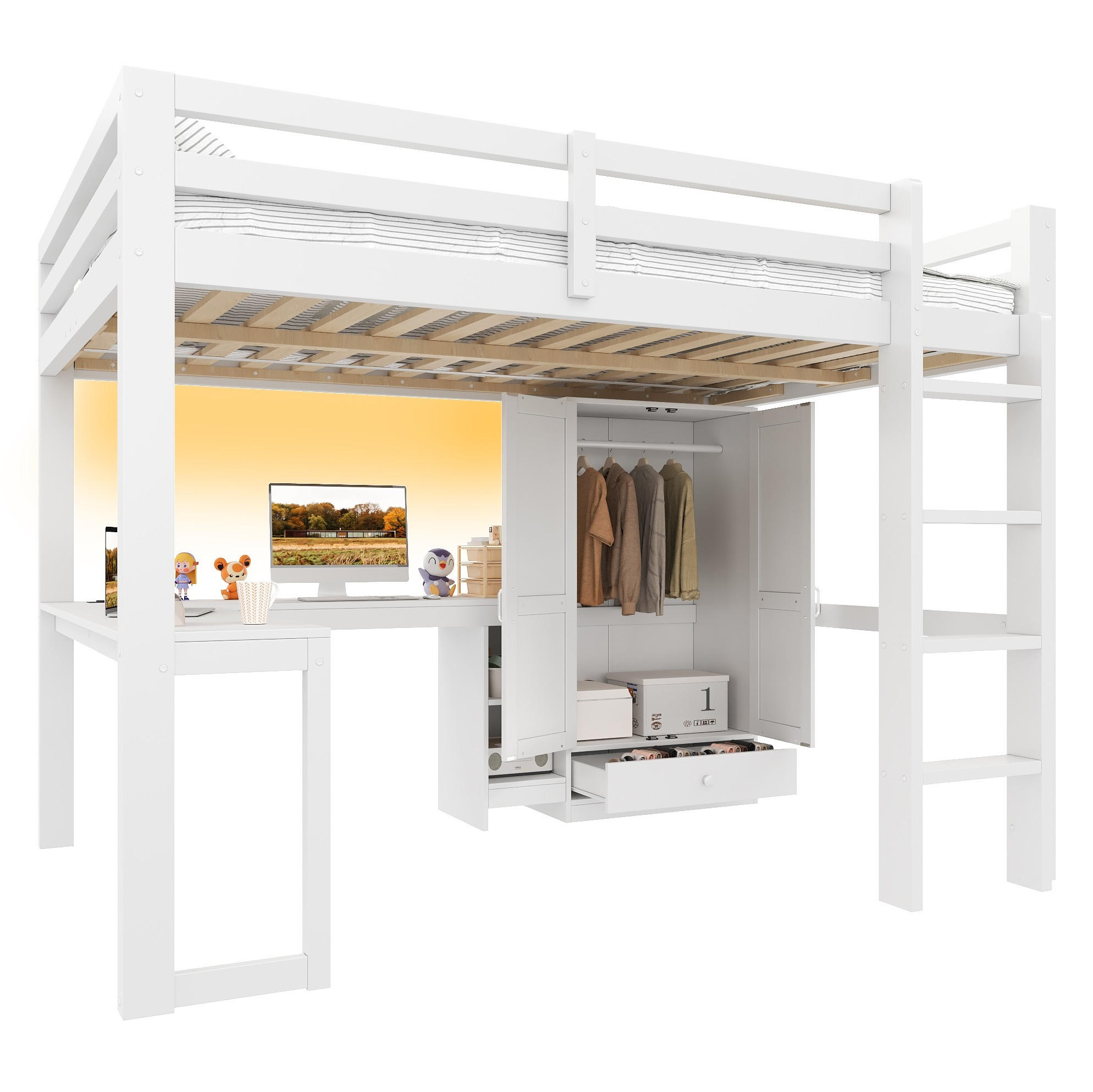 HOCHBETT aus Kiefernholz 140x200 cm Weiß mit Schreibtisch, Kleiderschrank, USB-Anschluss und LED-Beleuchtung - Weiß, Holzwerkstoff (140/200cm) - Modfu
