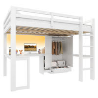 HOCHBETT aus Kiefernholz 140x200 cm Weiß mit Schreibtisch, Kleiderschrank, USB-Anschluss und LED-Beleuchtung - Weiß, Holzwerkstoff (140/200cm) - Modfu