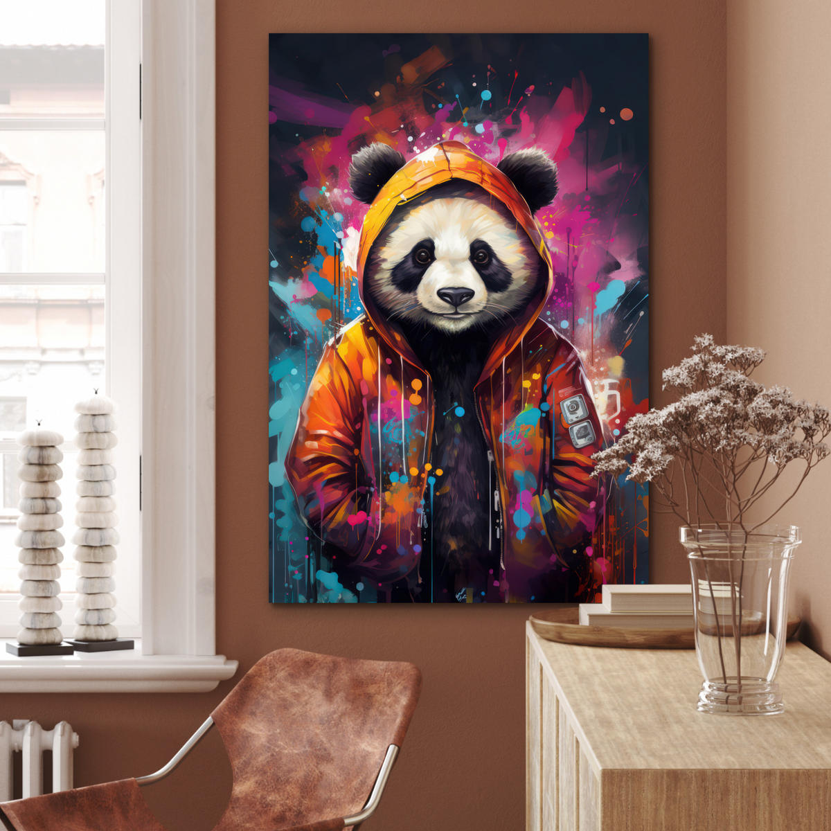 METALLBILD Panda - Jacke - Graffiti - Orange 60x90 cm - Orange, Metall (60/90cm) - MuchoWow