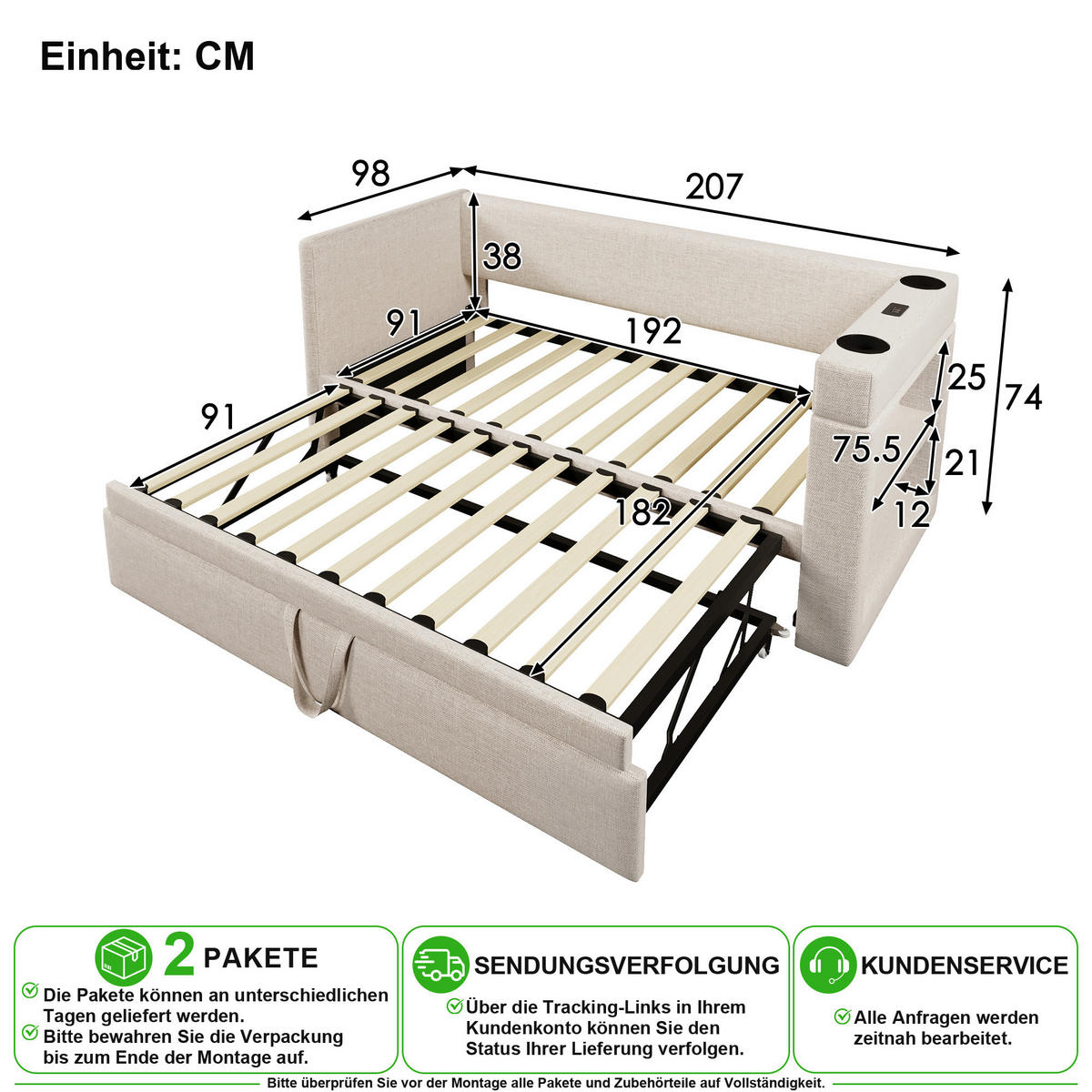 ROZKLÁDACÍ POHOVKA 90/190 cm v béžové barvě s výsuvným lůžkem, USB a Type-C - béžová, kov/kompozitní dřevo (90/190cm) - CHICFURN