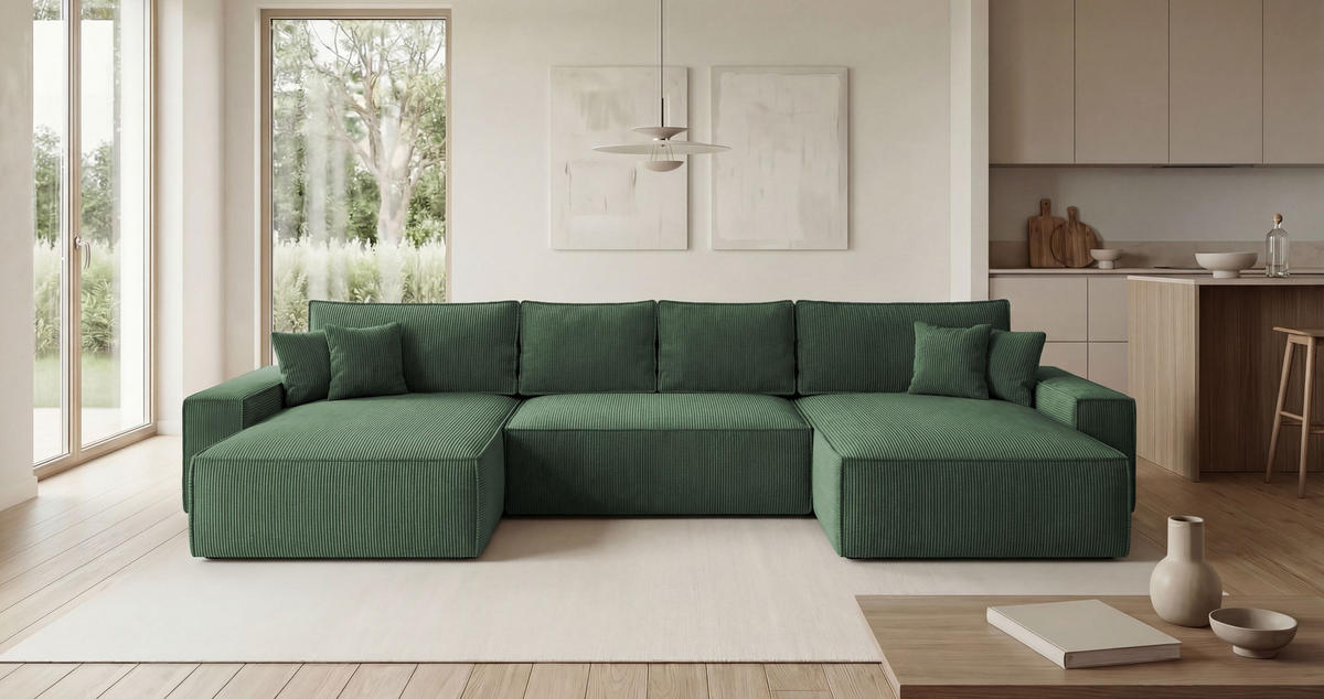 ROHOVÁ pohovka CALIFORNIA tvar U zelená manšestr POSO 14 - funkce spaní, úložný prostor - zelená barva, textil (385/185cm) - Cornero