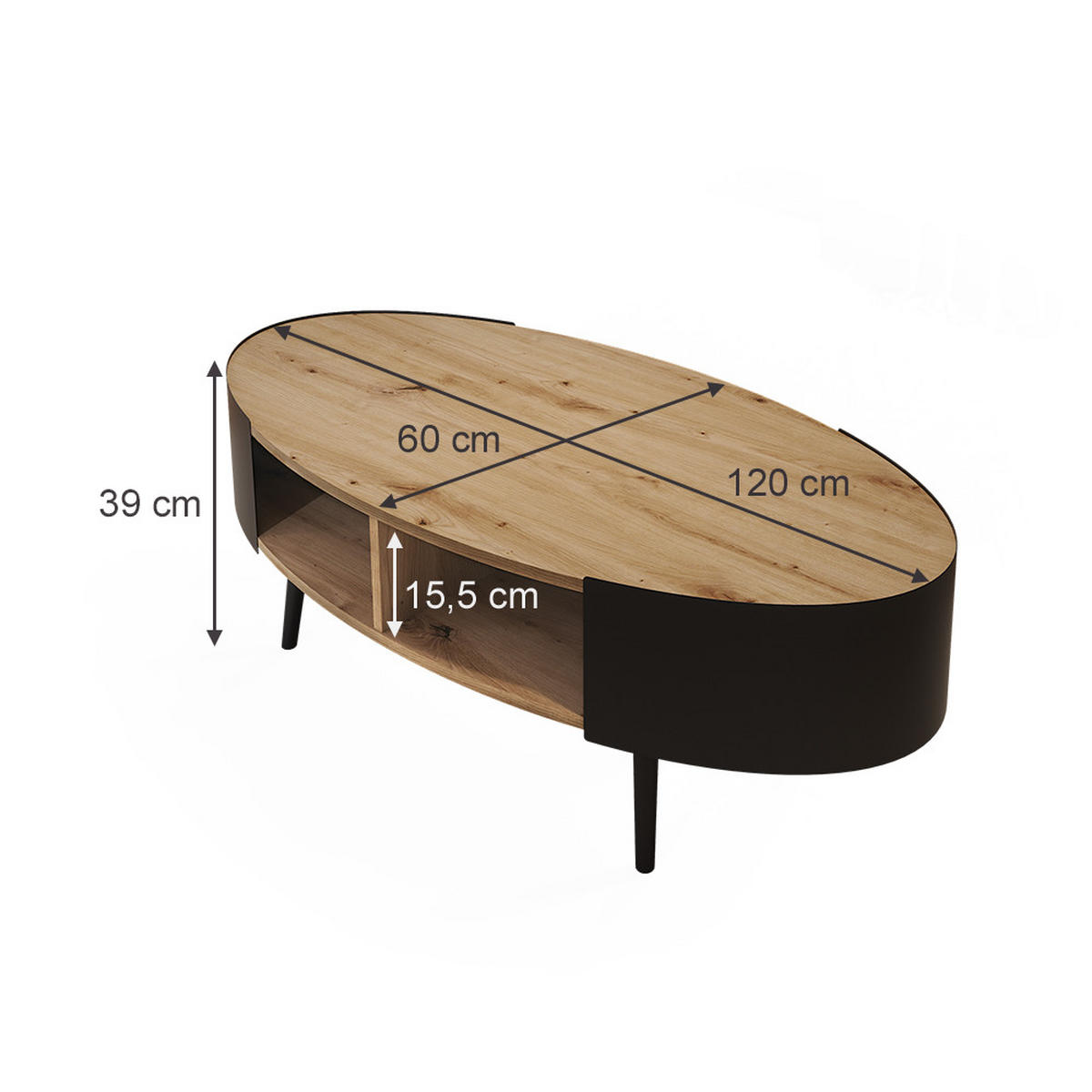 COUCHTISCH Lofta Schwarz 120 x 60 cm - Eichefarben/Schwarz, Holzwerkstoff (60/120/39cm) - Vicco