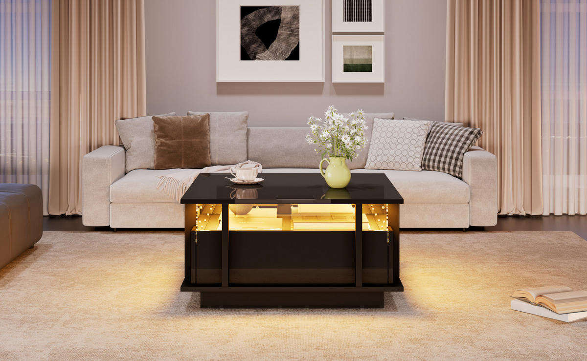 COUCHTISCH 70/70/35 cm mit 2 Schubladen, LED-Beleuchtung und Acrylabtrennung aus Spanplatte, Schwarz - Schwarz, Holzwerkstoff (70/70/35cm) - Redom