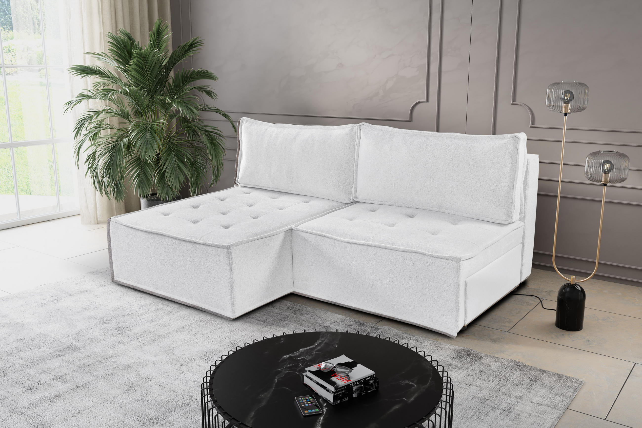 ECKSOFA Bohoo Mini Modernes Mit Schlaffunktion Ecru Links - Creme, Holz (140/200cm) - Kaiser Möbel