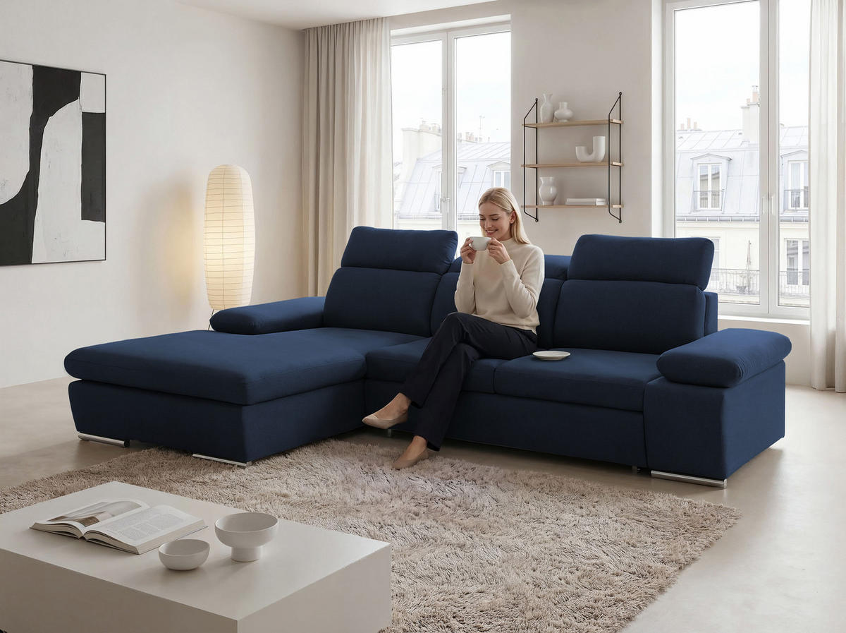 ECKSOFA PABLO mit Schlaffunktion und Bettkasten Marineblau - Dunkelblau, Holzwerkstoff/Kunststoff (250/90cm) - Idohome