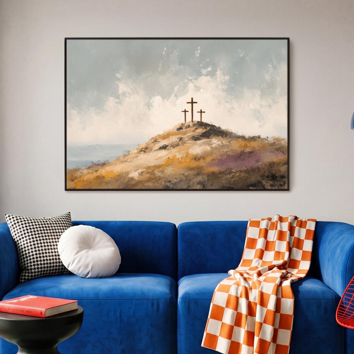 LEINWAND Bilder mit Rahmen - Hügel - Abstrakt - Christentum - Kreuz - 90x60 - Hellgrau, Textil (90/60cm) - MuchoWow