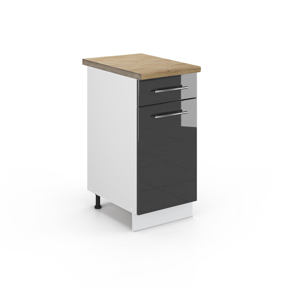 KÜCHENUNTERSCHRANK Fame-Line Anthrazit Hochglanz 40 cm, AP Eiche - Anthrazit/Weiß, Holzwerkstoff (40/82/60cm) - Vicco