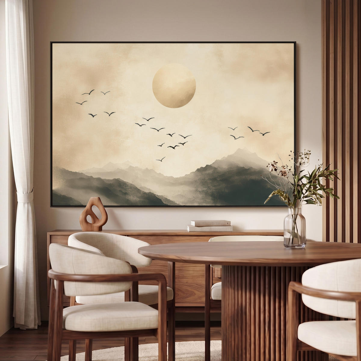 LEINWAND Bilder mit Rahmen - Landschaft - Japandi - Vogel - 140x90 - Beige, Textil (140/90cm) - MuchoWow
