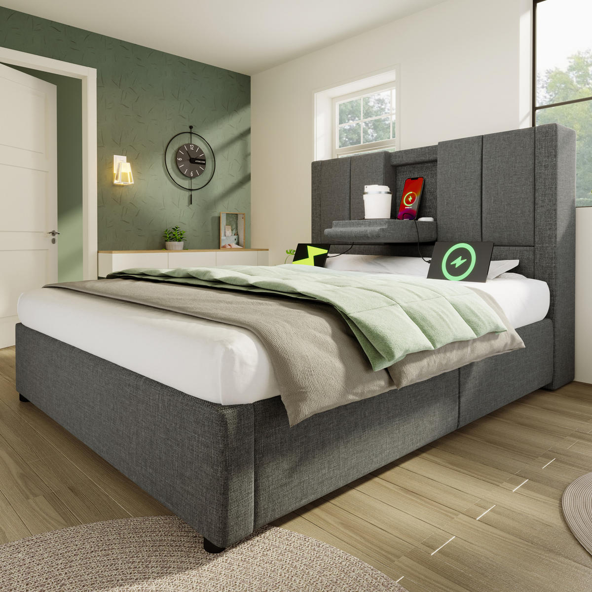 POLSTERBETT 90/200 cm Grau mit Stauraum und integrierter Ladestation mit Matratze - Grau, Textil (90/200cm) - OKWISH