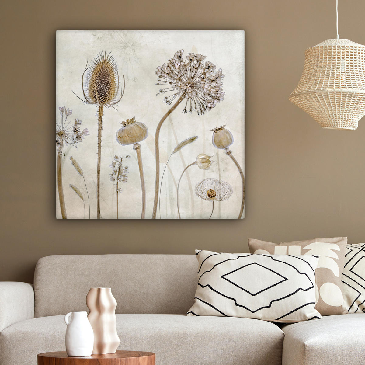 LEINWANDBILD Blumen - Aquarell - Stilleben - Braun - Vintage 90x90 cm - Beige, Textil (90/90cm) - MuchoWow